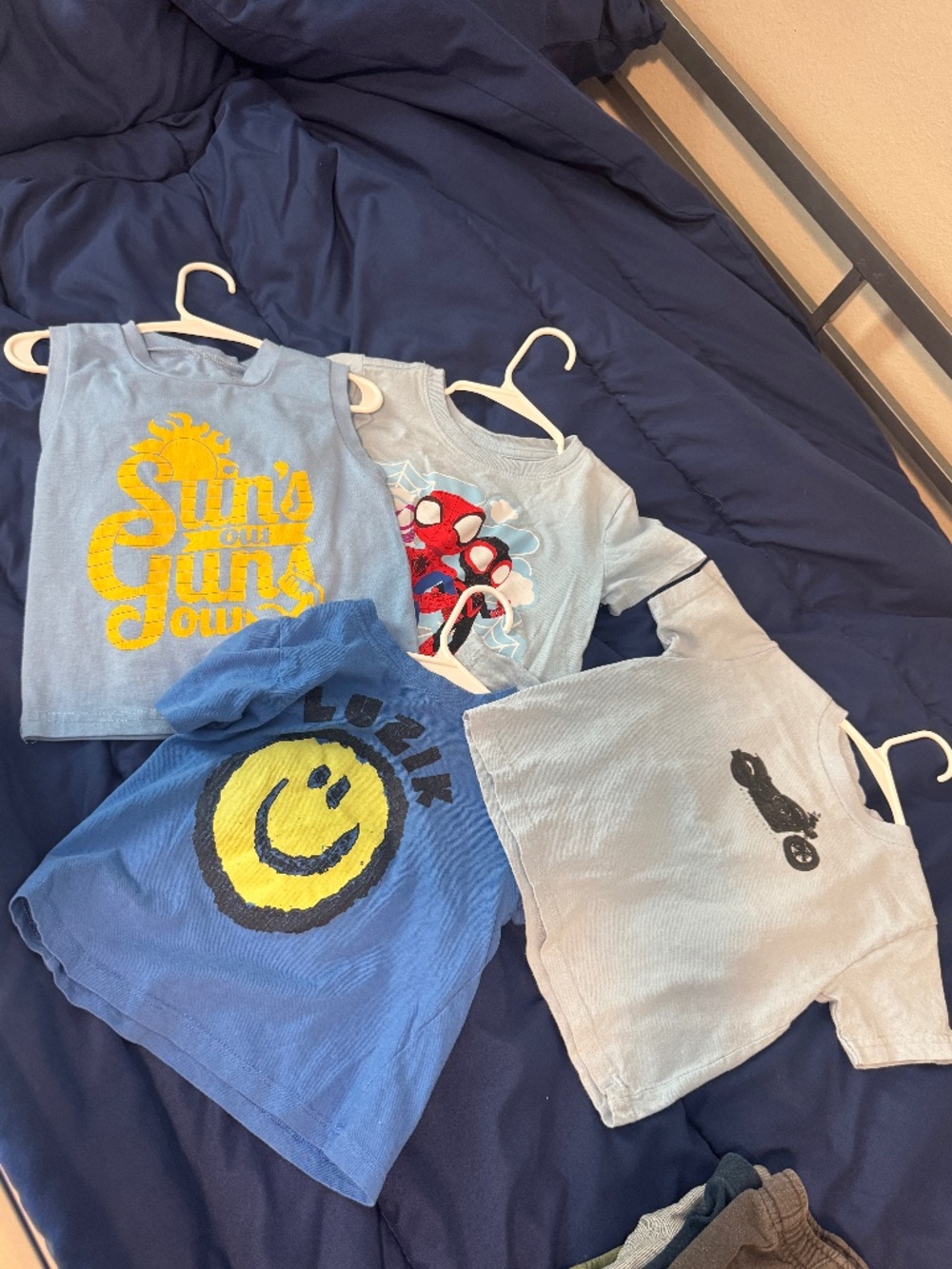 Boys 2T BLUE t-shirt bundle. 4 shirts. Spidey, Happy Face, Motorcycle, Suns Out